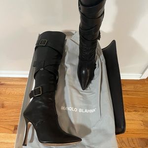 Manolo Blahnik Black Leather Heeled Boots with elastic calf line and buckles
